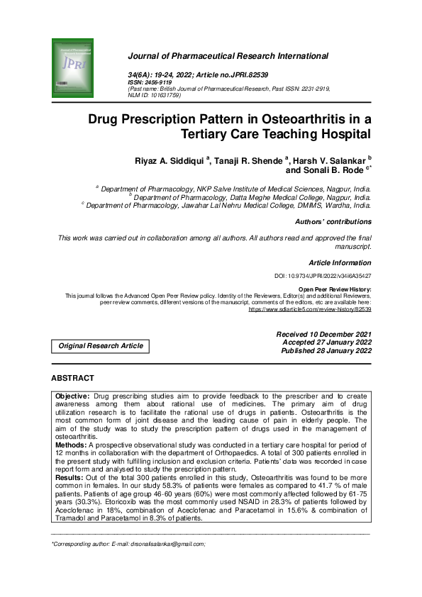 (PDF) Drug Prescription Pattern in Osteoarthritis in a Tertiary Care ...