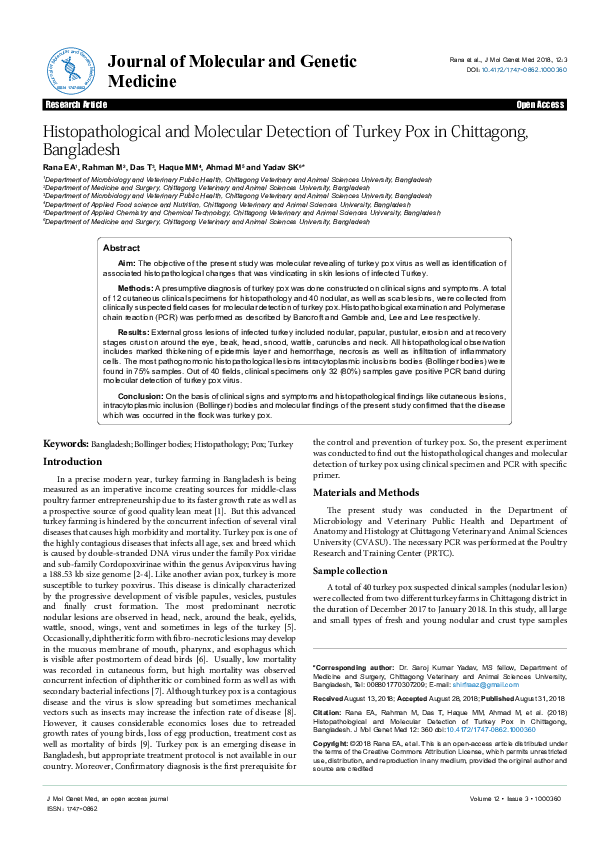 (PDF) Histopathological and Molecular Detection of Turkey Pox in ...