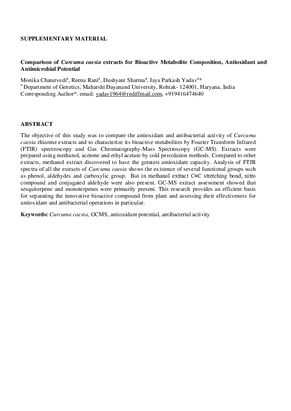 (PDF) Comparison of Curcuma Caesia extracts for bioactive metabolite ...