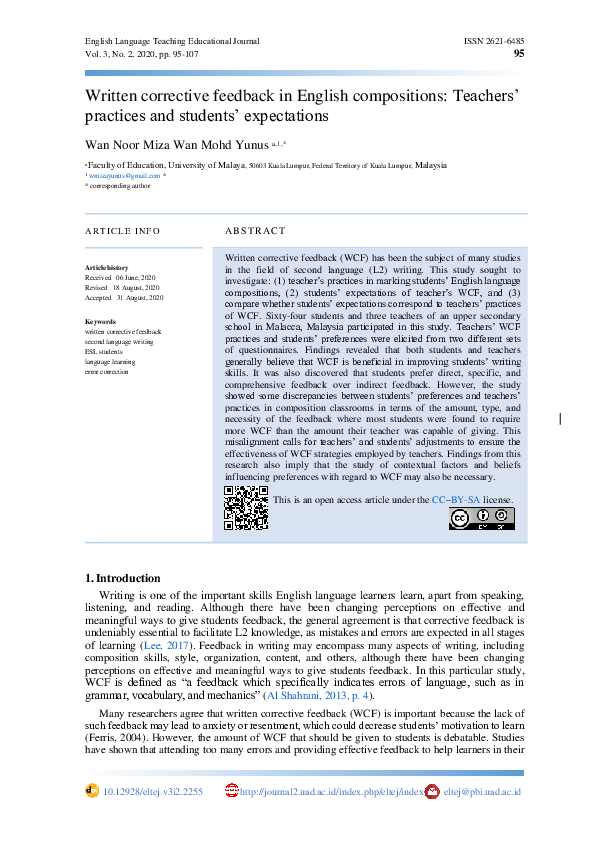 (PDF) Written corrective feedback in English compositions: Teachers ...