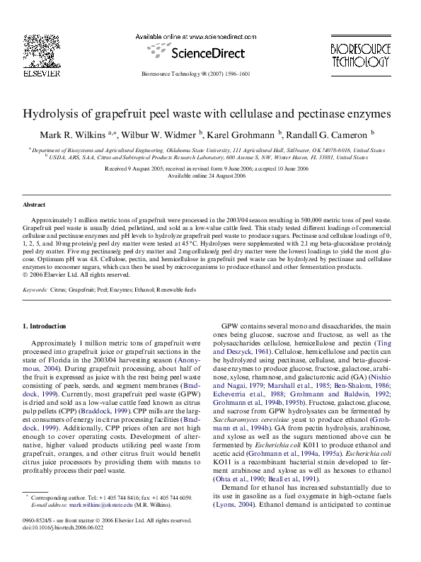 (PDF) Hydrolysis of grapefruit peel waste with cellulase and pectinase