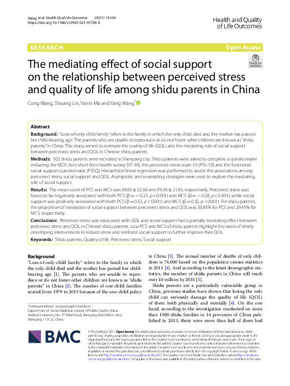 (PDF) Mediating effect of social support on the relationship between ...