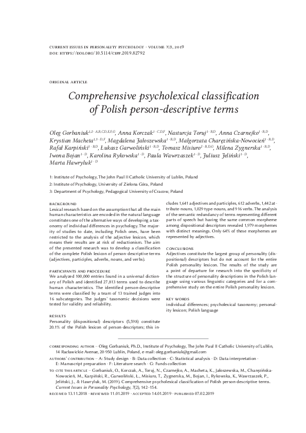 (PDF) Comprehensive psycholexical classification of Polish persondescriptive terms Nasturcja