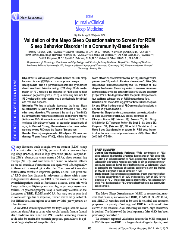 (PDF) Validation of the Mayo Sleep Questionnaire to screen for REM