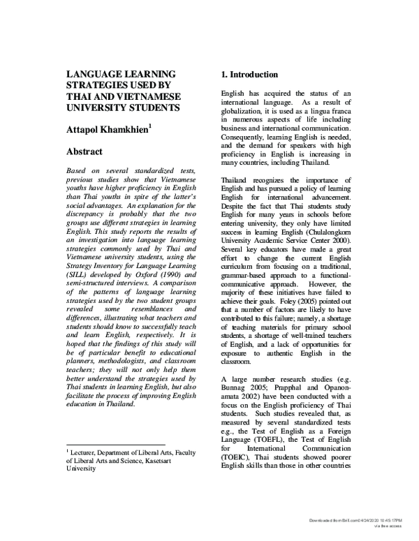 (PDF) Language Learning Strategies Used by Thai and Vietnamese ...