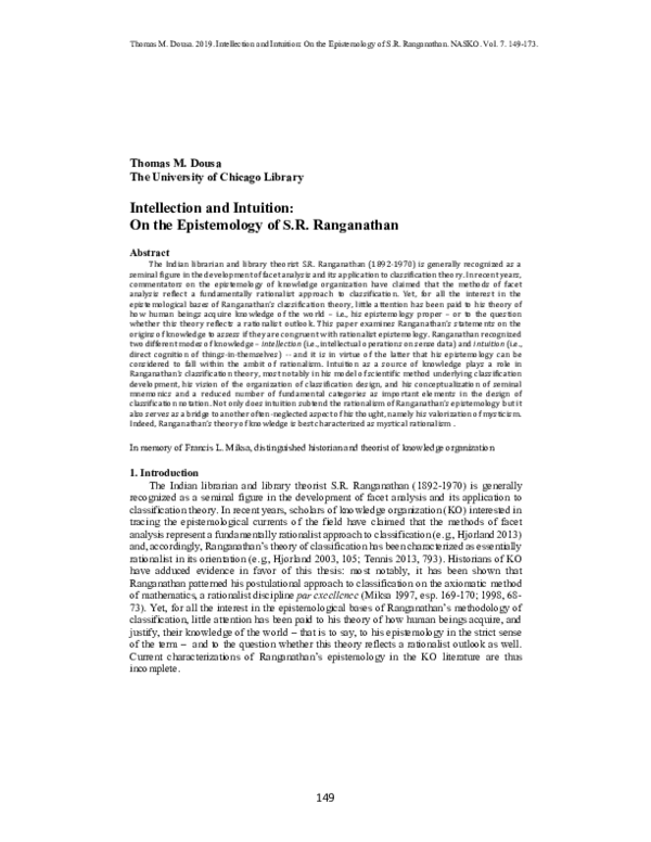 (PDF) Intellection and Intuition: On the Epistemology of S.R. Ranganathan