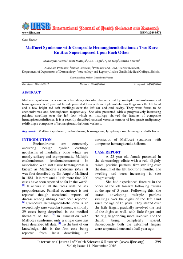 (PDF) Maffucci Syndrome with Composite Hemangioendothelioma: Two Rare ...