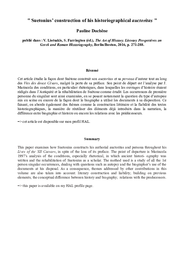 (PDF) " Suetonius' construction of his historiographical auctoritas " Pauline Duchêne