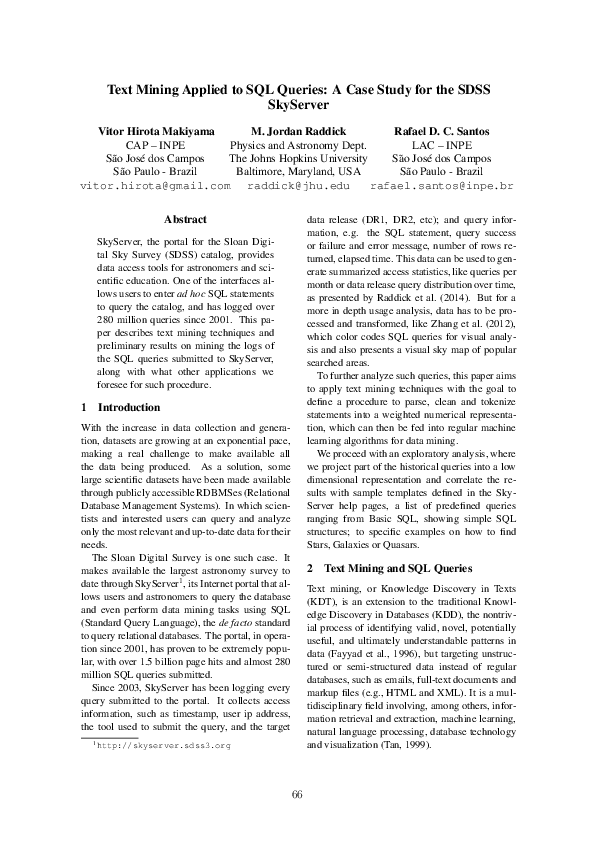 (PDF) Text Mining Applied to SQL Queries: A Case Study for the SDSS ...