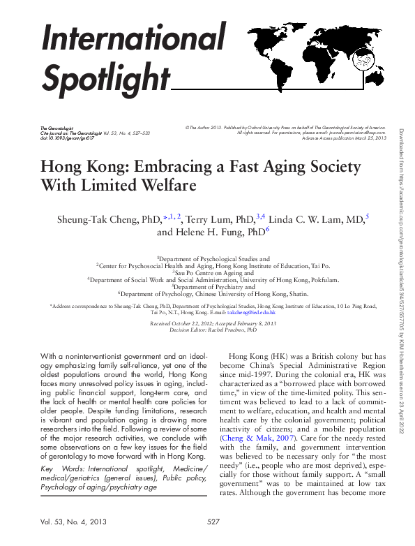 (PDF) Hong Kong: Embracing a Fast Aging Society With Limited Welfare
