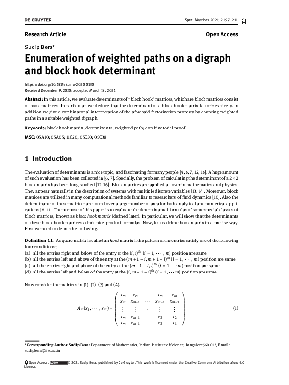 (PDF) Enumeration of weighted paths on a digraph and block hook determinant