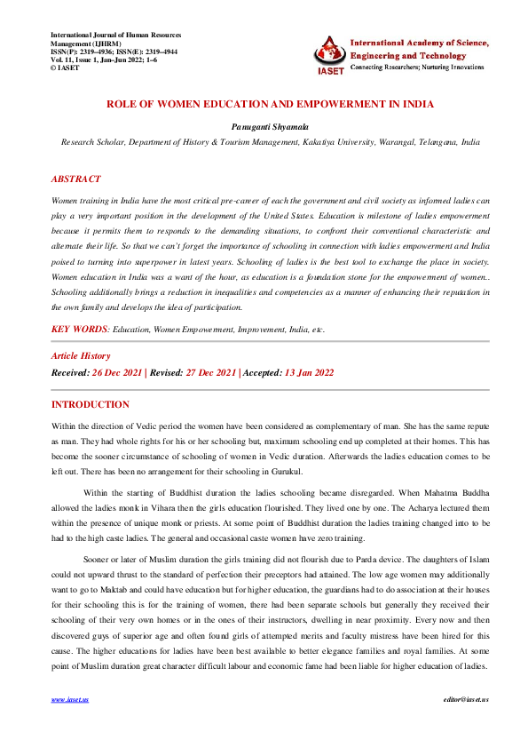 (PDF) ROLE OF WOMEN EDUCATION AND EMPOWERMENT IN INDIA