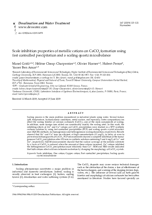(PDF) Scale inhibition properties of metallic cations on CaCO3 ...