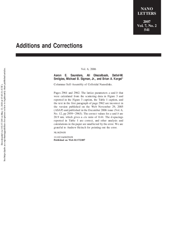 (PDF) Columnar SelfAssembly of Colloidal Nanodisks Detlef Smilgies