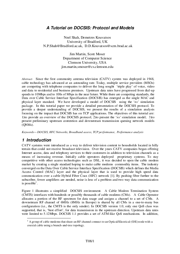 (PDF) A Tutorial on DOCSIS: Protocol and Models