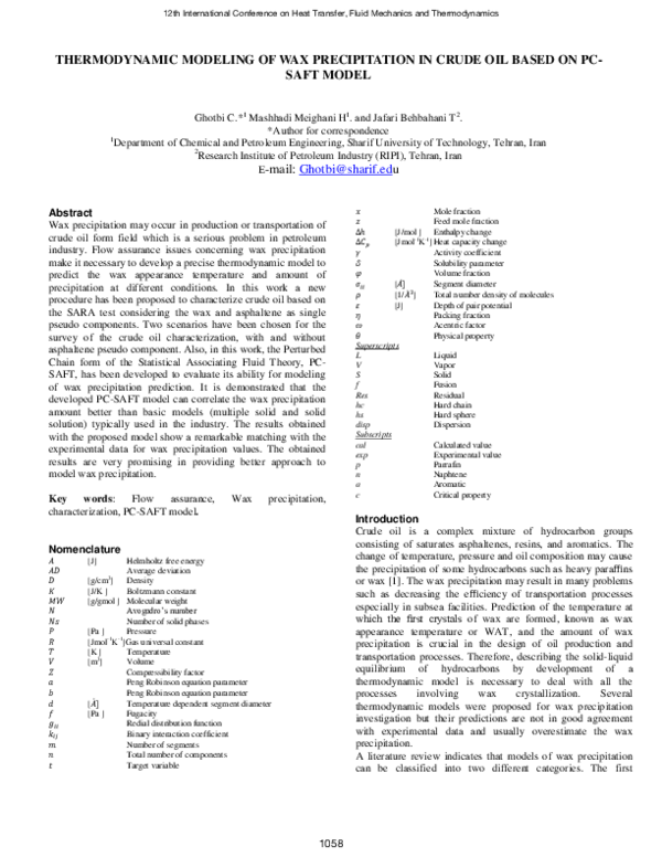 (PDF) A modified thermodynamic modeling of wax precipitation in crude