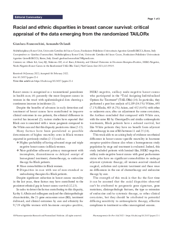 (PDF) Racial and ethnic disparities in breast cancer survival: critical ...