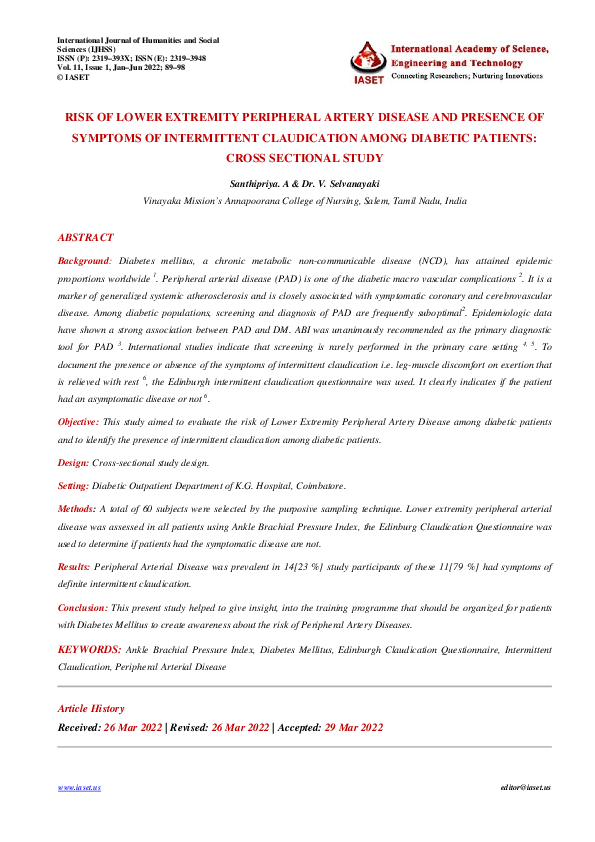 (PDF) RISK OF LOWER EXTREMITY PERIPHERAL ARTERY DISEASE AND PRESENCE OF ...