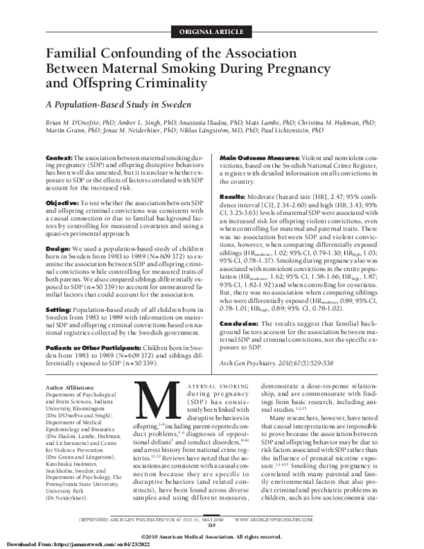(PDF) Familial Confounding of the Association Between Maternal Smoking ...