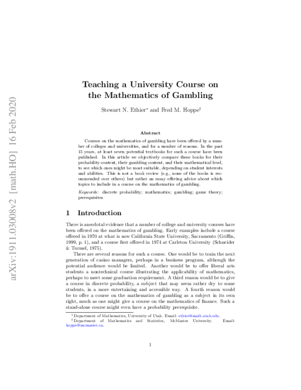 (PDF) Teaching a university course on the mathematics of gambling