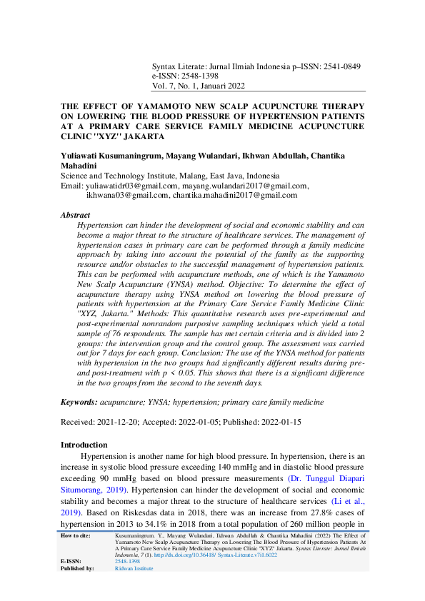 (PDF) The Effect of Yamamoto New Scalp Acupuncture Therapy on Lowering ...