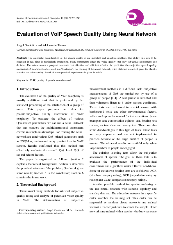 (PDF) Evaluation of VoIP Speech Quality Using Neural Network