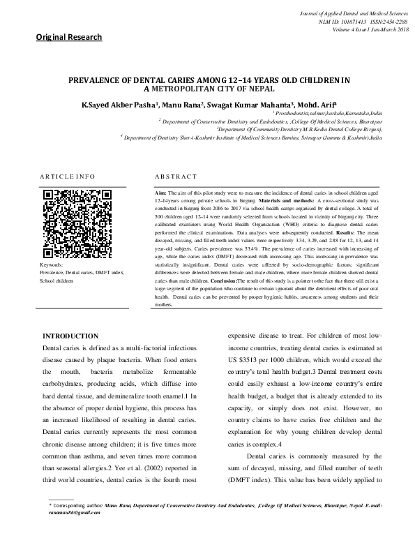 (PDF) Prevalence of Dental Caries Among 12–14 Years Old Children in a ...