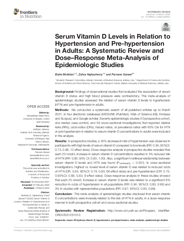 (PDF) Serum Vitamin D Levels in Relation to Hypertension and Pre ...