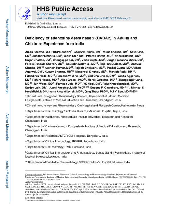 (PDF) Deficiency of adenosine deaminase 2 (DADA2) in Adults and ...
