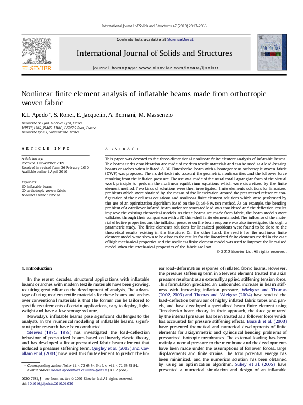 (PDF) Nonlinear finite element analysis of inflatable beams made from ...