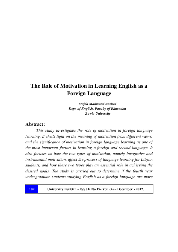 Pdf The Role Of Motivation In Learning English As A Foreign Language Pdf The Role Of Motivation In Learning English As A Foreign Language