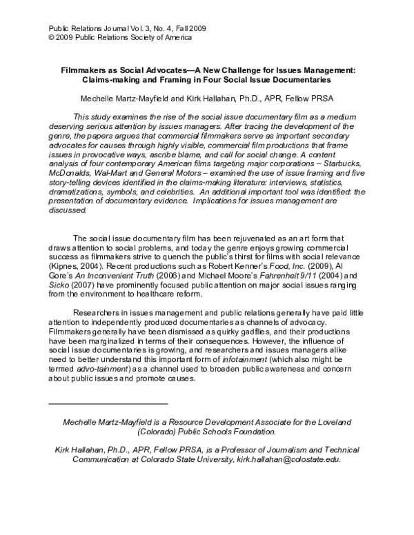 (PDF) Filmmakers as Social Advocates—A New Challenge for Issues ...