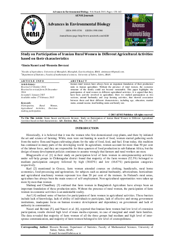 (PDF) Study on Participation of Iranian Rural Women in Different ...