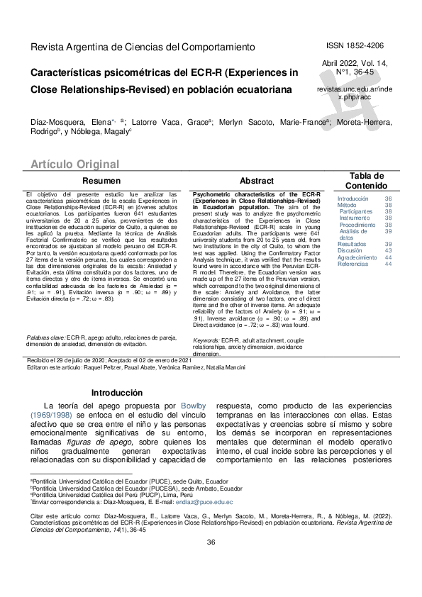 (PDF) Características psicométricas del ECR-R (Experiences in Close ...