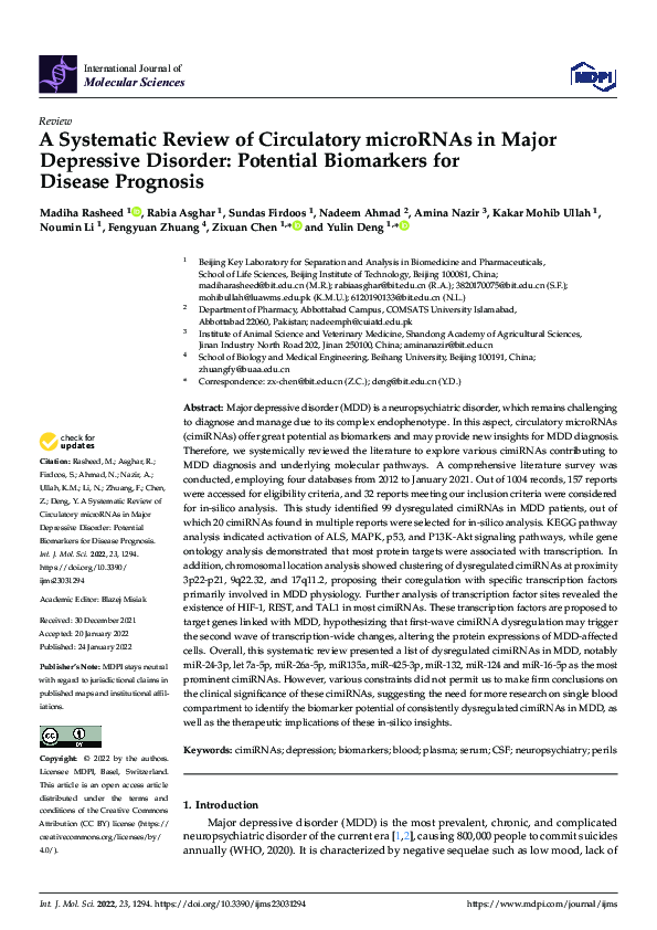 (PDF) A Systematic Review of Circulatory microRNAs in Major Depressive ...
