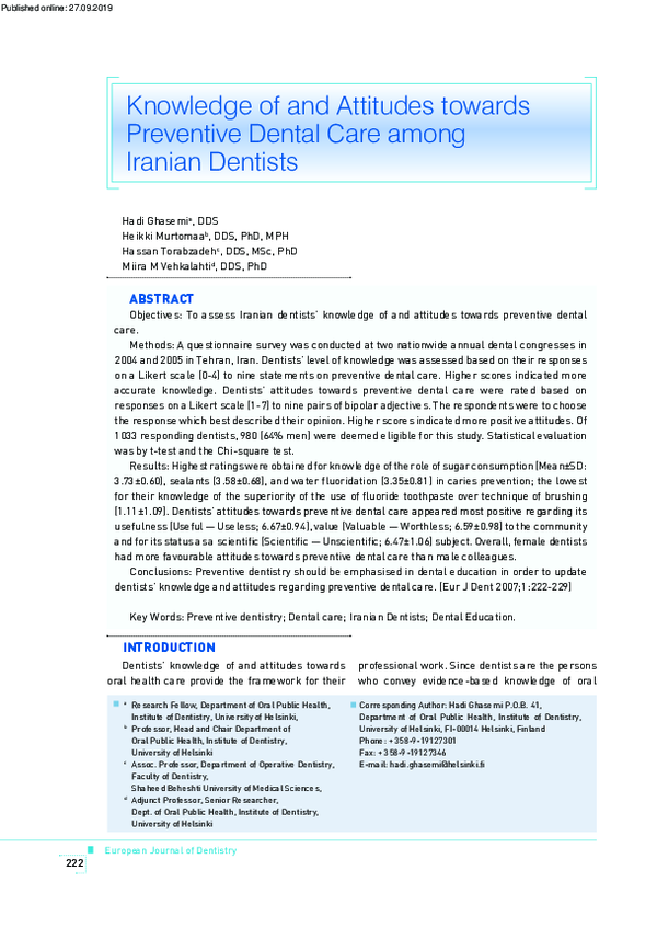 (PDF) Knowledge of and Attitudes towards Preventive Dental Care among ...