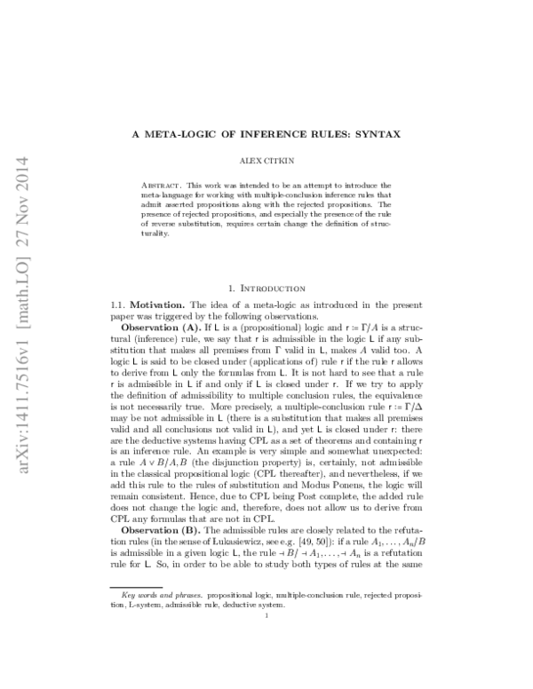 (PDF) A meta-logic of inference rules: Syntax