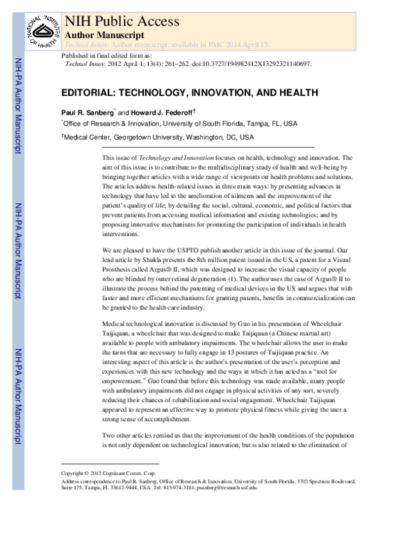 (PDF) Editorial Technology, Innovation, and Health Howard Federoff