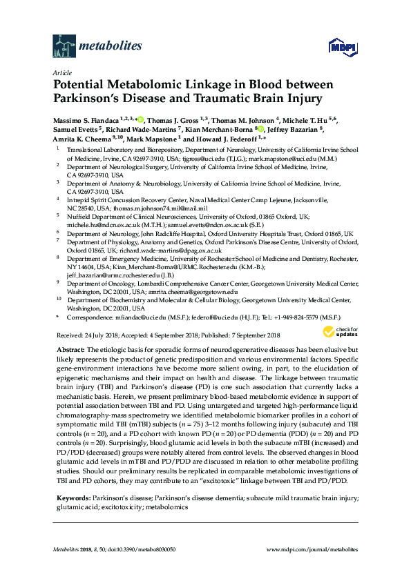 (PDF) Potential Metabolomic Linkage in Blood between Parkinson's