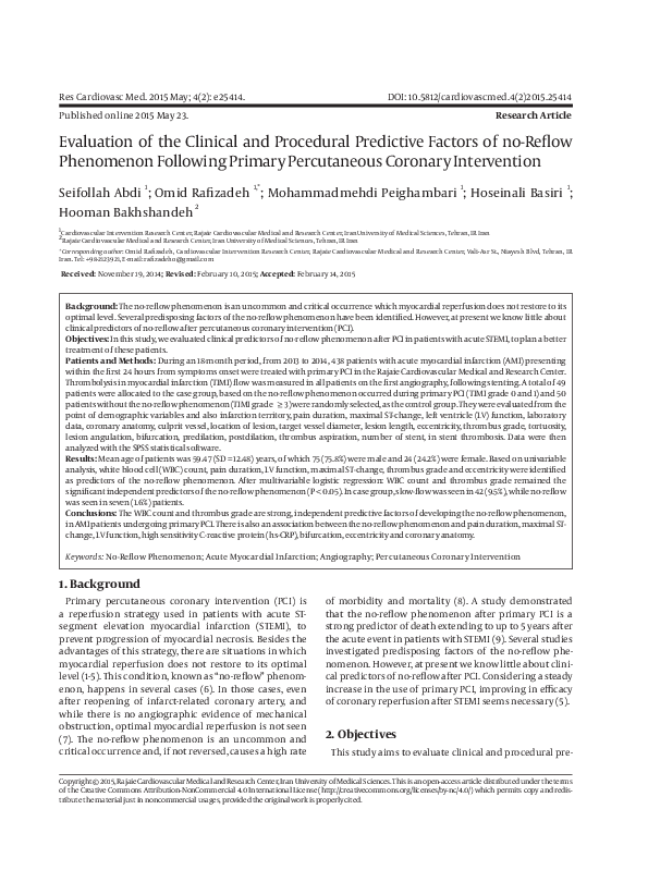 (PDF) Evaluation of the Clinical and Procedural Predictive Factors of ...