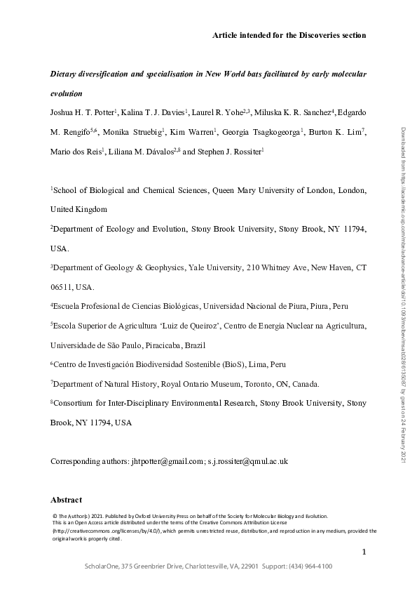 (PDF) Dietary Diversification and Specialization in Neotropical Bats Facilitated by Early