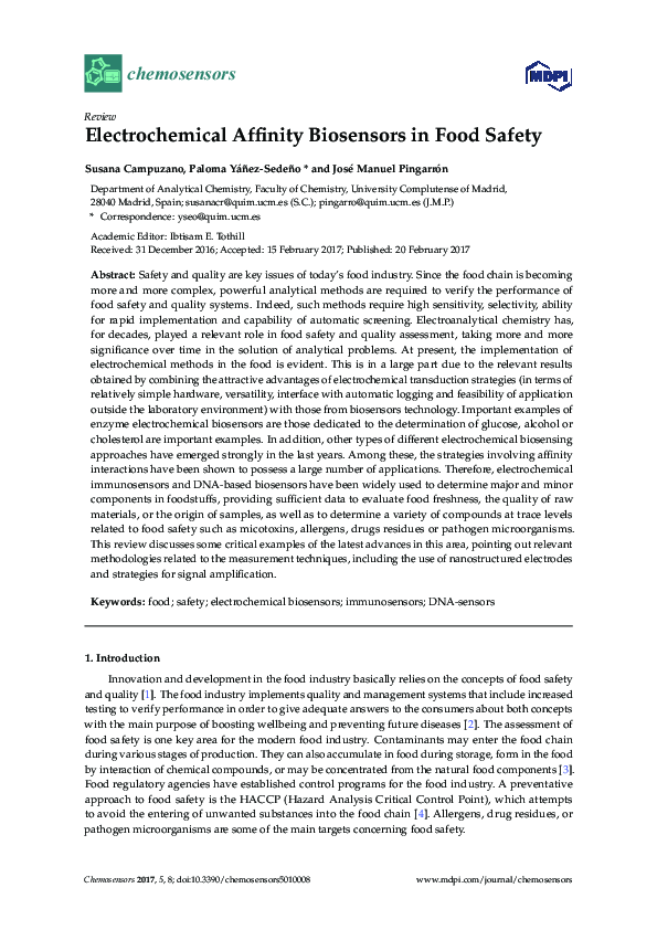 (PDF) Electrochemical Affinity Biosensors in Food Safety
