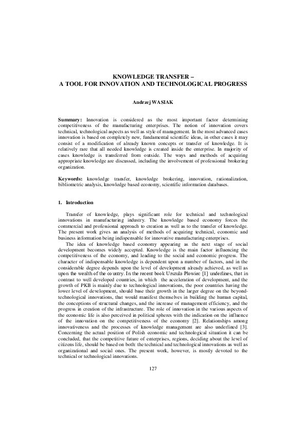 (PDF) Knowledge Transfer – a Tool for Innovation and Technological Progress