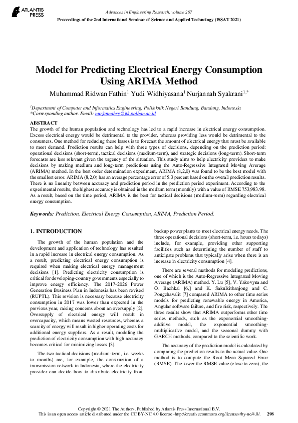 (PDF) Model for Predicting Electrical Energy Consumption Using ARIMA Method
