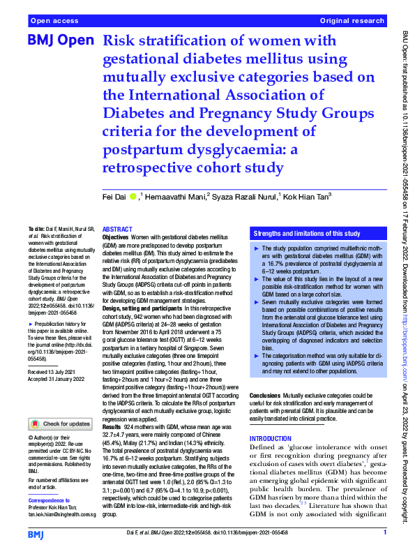 (PDF) Risk stratification of women with gestational diabetes mellitus ...