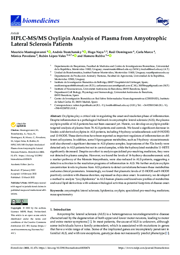 (PDF) HPLC-MS/MS Oxylipin Analysis of Plasma from Amyotrophic Lateral ...