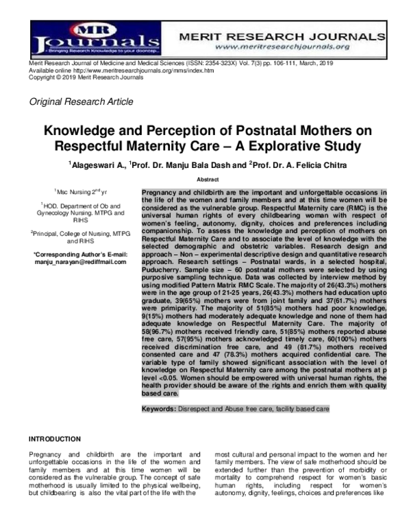 (PDF) Knowledge and Perception of Postnatal Mothers on Respectful ...
