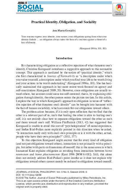 (PDF) Practical Identity, Obligation, and Sociality
