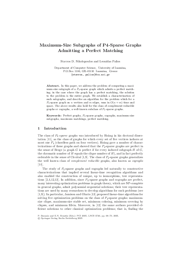 (PDF) Maximum-Size Subgraphs of P4-Sparse Graphs Admitting a Perfect ...