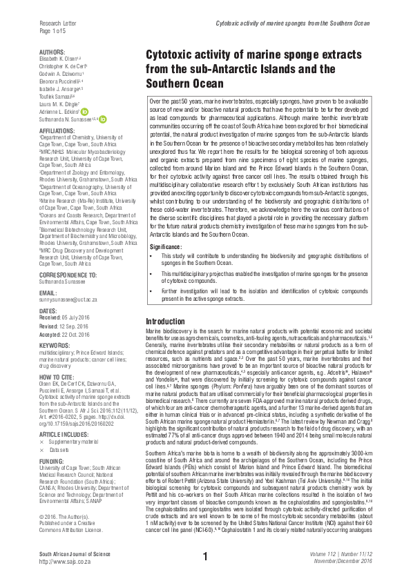 (PDF) Cytotoxic activity of marine sponge extracts from the sub ...